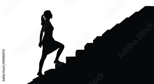 Woman ascending stairs viewed in profile stark black silhouette