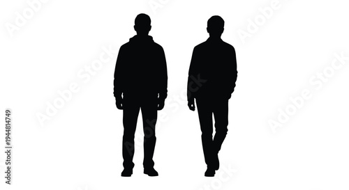 Two men walking full body view against a white background silhouette