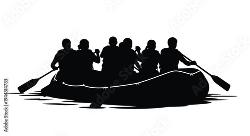 A group of people rowing a boat on water a dark silhouette