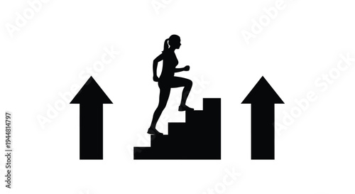 Woman climbing stairs with upward arrows a striking silhouette