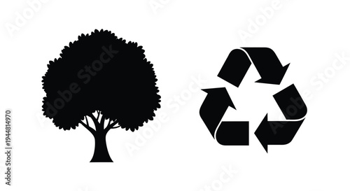 Tree and recycling symbol depicted in stark black silhouettes