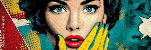 Pop Art Woman  with striking blue eyeshadow and red lips covers her mouth, set against a vibrant comic backdrop. The image radiates retro drama and playful mystery.