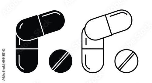 Two capsules and two pills depicted in a bold black silhouette