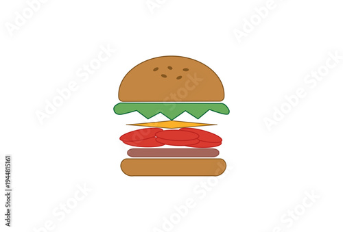 A colorful illustration of a juicy hamburger with lettuce, tomato, and cheese on a bun