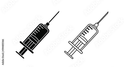 Two syringe illustrations one solid and one outlined in black and white silhouette