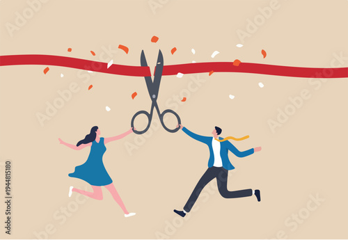 Cut ribbon to start new business, startup launch new product ceremony or great beginning celebration event, businessman and businesswoman holding scissors to cut red ribbon start new company.