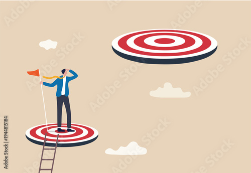 Challenge achievement or higher target, the way forward or next level, bigger business goal or aspiration concept, success businessman climb up ladder reaching goal and looking for next