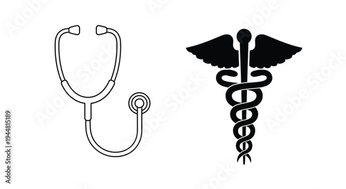 Medical symbols of a stethoscope and caduceus in stark contrast silhouette