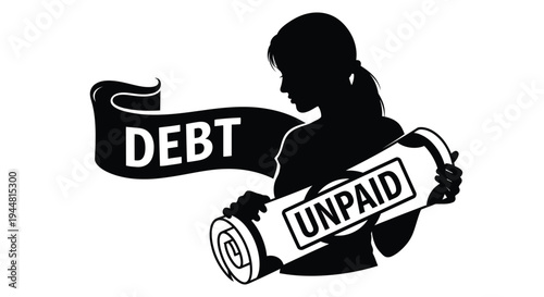 Woman carrying unpaid debt burden depicted as a dark silhouette