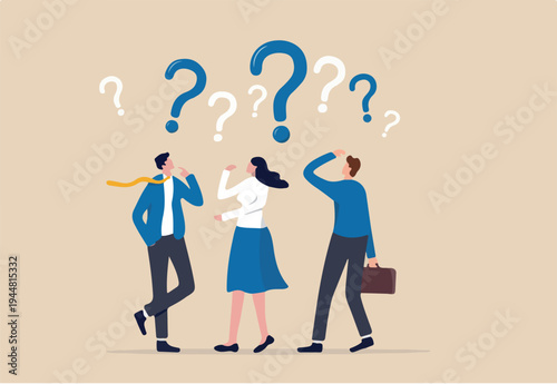 Confused people with confusion problem or doubt, lost in trouble or complexity, complicated questions or misunderstanding concept, businessman and businesswoman with many of confused question