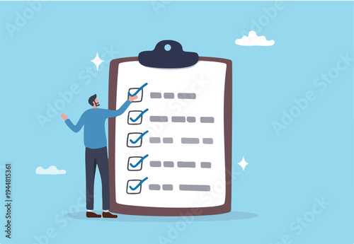 Complete checklist or finishing checkbox, task done within deadline, complete tasks list or project, approval or achievement concept, businessman put tick on complete checklist on paper