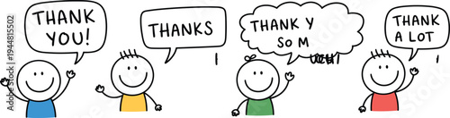 Cute stick figure characters with speech bubbles saying thank you, thanks, and a lot, appreciation message, gratitude and friendly communication illustration