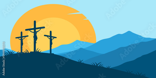 Peaceful mountain landscape with three cross silhouettes against sunset sky. Spiritual Christian background symbolizing faith, sacrifice and resurrection message.