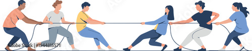 Diverse group of multiethnic people engaged in a competitive tug of rope game teamwork challenge and business competition concept illustration
