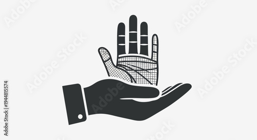 Hand holding robotic prosthetic hand illustration.