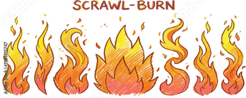 Crayon drawn red fire flames icons collection. Funky doodle flame stickers or tattoo. Punk and rock style symbols. Vector scribble illustration. Hand drawn bonfire sketch, energy symbols.