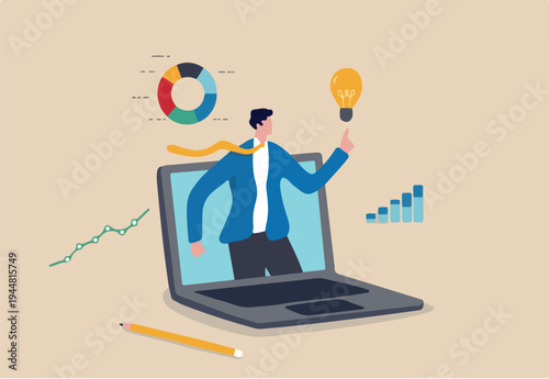 Business consultant, advisor or expertise, online presentation or conference call, strategy and analysis concept, smart businessman from computer laptop monitor giving some advice with analysis