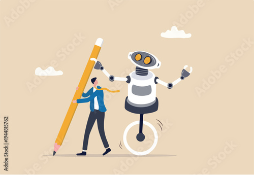AI Artificial Intelligence work with human, robot or automation to help success, robot to replace human employment, job uncertainty concept, frustrated businessman working with pencil with AI