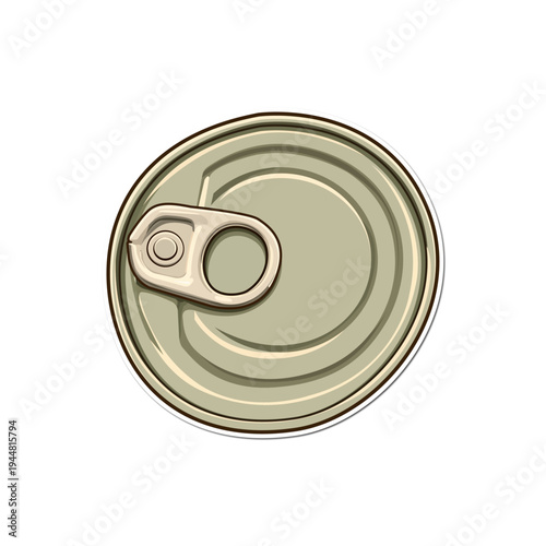 Top view of metallic tin can lid with pull ring opener sticker icon isoalted on white background
