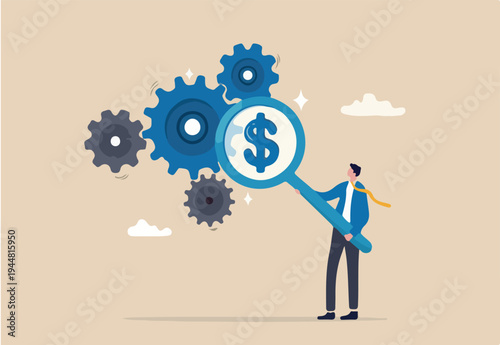 Cost effective, reduce cost and time to maximize better quality result, optimize cost and expense for better profit strategy concept, businessman with magnifier dollar money from cog gear
