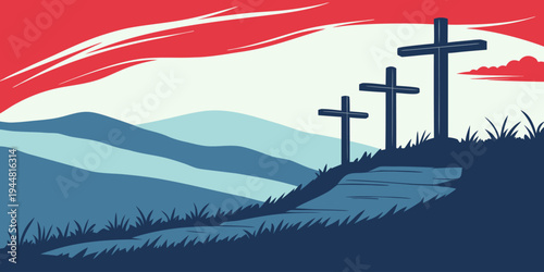 Religious illustration of three crosses on hill with glowing sunset sky. Symbol of Jesus Christ crucifixion and Christian faith for Good Friday and Easter celebration.