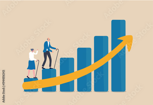 Aging society, world population aging problem, workforce crisis by low birth rate compare to senior elderly or retiree increase, elderly senior couple walk up rising, increasing graph of aged.