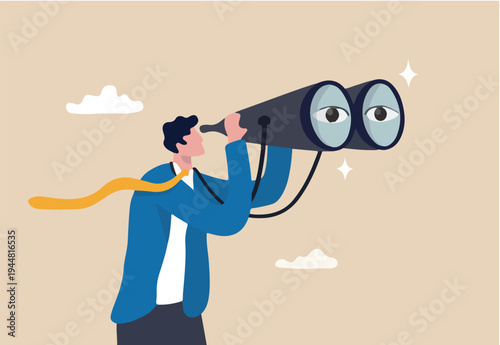 Observation, search for opportunity, curiosity or surveillance, inspect or discover new business, job search or hr finding candidate concept, curious businessman look through binoculars