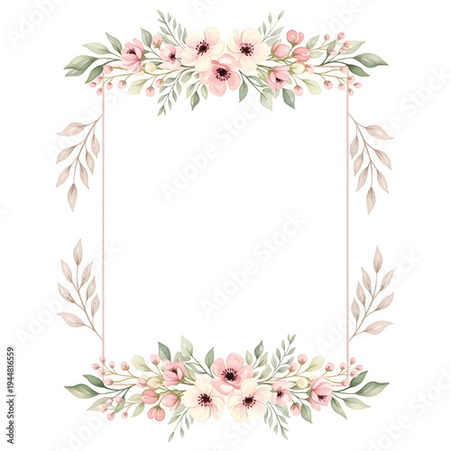 Delicate pink floral watercolor frame with green leaves and pale branches full hd 4k stock image download