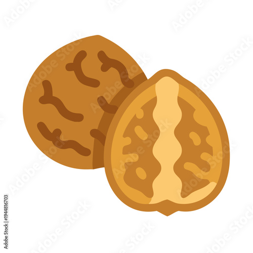 Minimalist graphic of whole and halved walnuts in warm earth tones on black