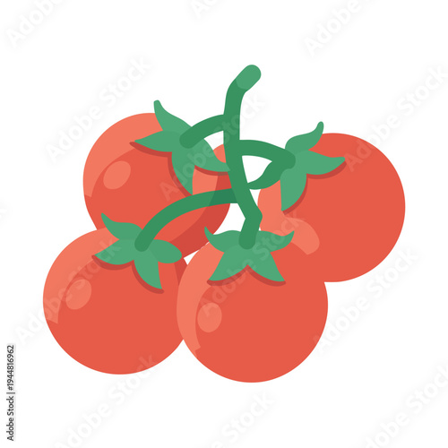 A cluster of fresh tomatoes on a vine against a solid black backdrop
