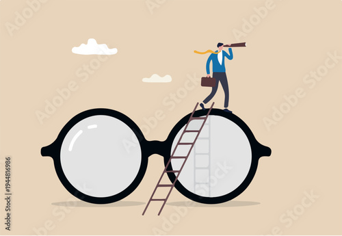 Clear business vision, clarity or transparency, discover way to success or looking for business opportunity, precision or accuracy concept, businessman climb up big eyeglasses see vision
