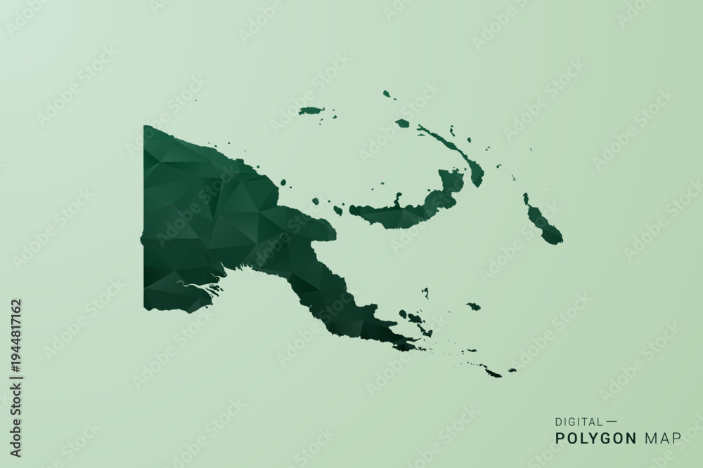 Obraz premium Papua New Guinea Map - Green Polygon Style Vector Illustration, Low Poly Geometric Design with Clean Silhouette on soft green Background.