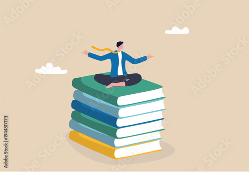 Best book to help entrepreneur success in business, knowledge or skill to succeed and overcome obstacle concept, smart success businessman meditating and learn new skill on stack of business