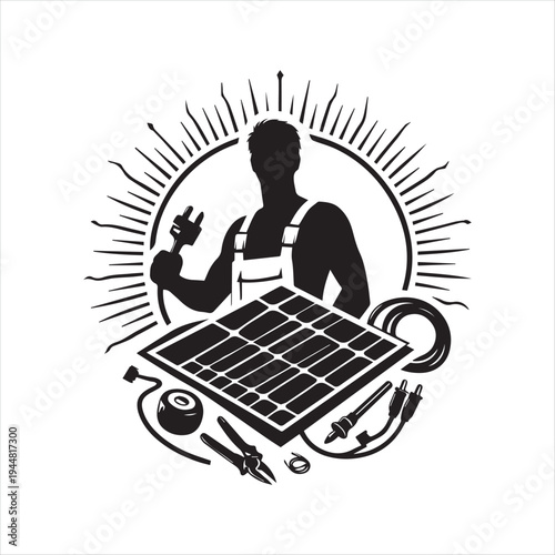 solar and electrician abstract silhouette  outline logo design concept illustration idea