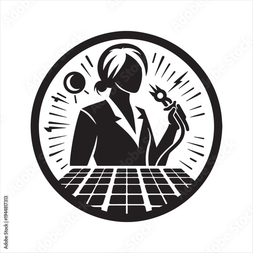 solar and electrician abstract silhouette  outline logo design concept illustration idea