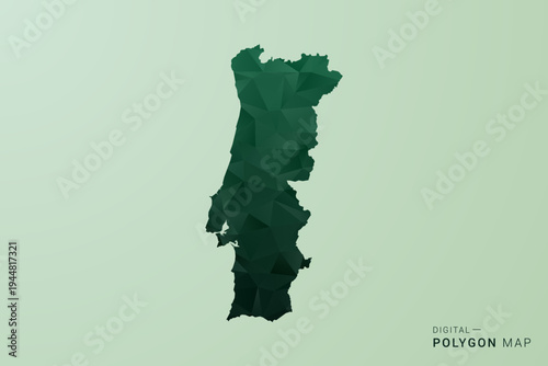 Portugal Map - Green Polygon Style Vector Illustration, Low Poly Geometric Design with Clean Silhouette on soft green Background.