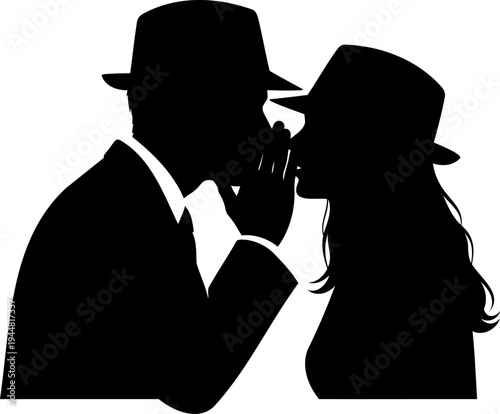 Silhouette man whispering secret to woman wearing fedora hat