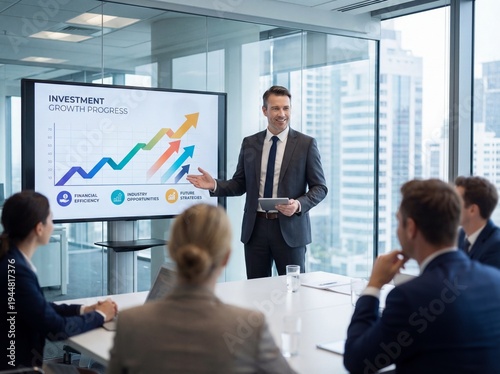 Investment Growth Progress: Businessman displaying a success graph representing financial efficiency, industry opportunities, and future investment strategies.