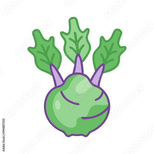 Stylized kohlrabi vegetable illustration with three leaves in a flat design