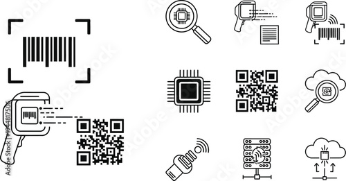Icons representing various scanning and data processing technologies are displayed in a clean, minimalist black and white style, suitable for digital interfaces.