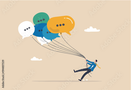 Communication management, PR public relation, handle public comment or social criticism, meeting summary or discussion talk, conversation or dialog concept, businessman manage speech bubble