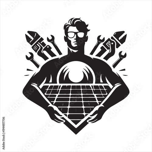 solar and electrician abstract silhouette  outline logo design concept illustration idea