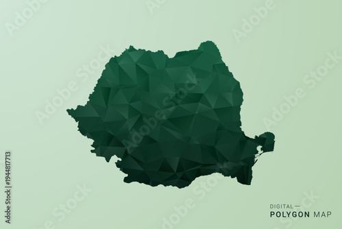 Romania Map - Green Polygon Style Vector Illustration, Low Poly Geometric Design with Clean Silhouette on soft green Background.