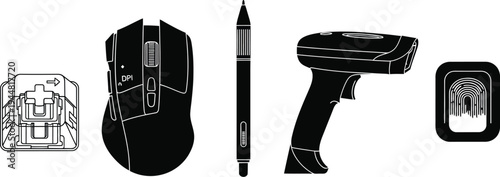 Technology peripherals including a computer mouse, digital stylus, barcode scanner, and a keycap are presented as solid black silhouette illustrations.