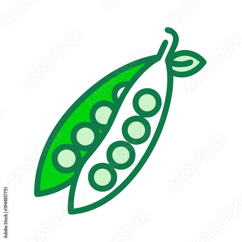 Stylized open green pea pod with peas isolated on black background