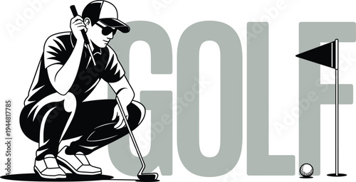 Golf competition concept, reading the putt, golfer on green, male athlete crouching, sports hobby illustration