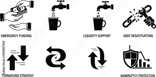 Business icons illustrating financial concepts like emergency funding, liquidity support, debt restructuring, and turnaround strategy are presented on a clean white background.