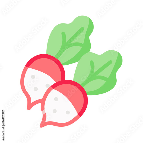 Flat illustration of two radishes with leaves on black background for menu