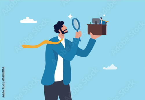 Employee monitoring in remote work, micro management watching every working steps, analyzing or evaluate employee, scanning performance or observation, businessman manager watch at employee