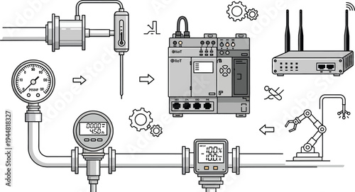 An industrial process diagram illustrates sensors, a programmable logic controller, and a wireless router connected to pipes for process monitoring and automation.
